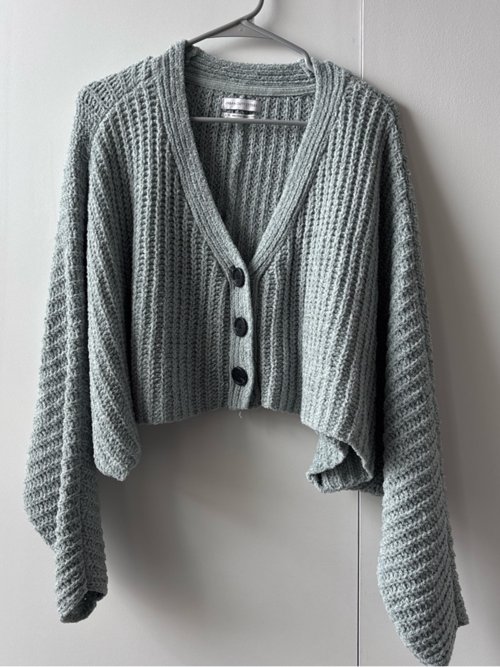 UO Cropped Waffle Knit Cardigan - Sage Green